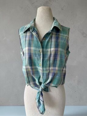 Vtg 80s Blue Plaid Madras Sleeveless Cotton Top Sz M Button Front Preppy As Is